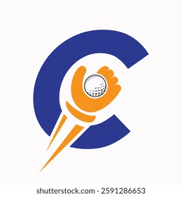 Initial Golf Logo On Letter C Concept With Hand And Golf Ball Symbol Vector And Template