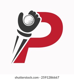 Initial Golf Logo On Letter P Concept With Hand And Golf Ball Symbol Vector And Template