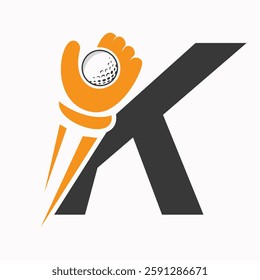 Initial Golf Logo On Letter K Concept With Hand And Golf Ball Symbol Vector And Template