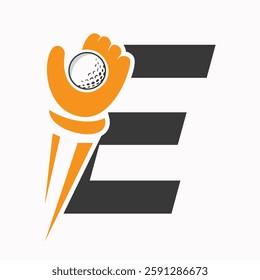 Initial Golf Logo On Letter E Concept With Hand And Golf Ball Symbol Vector And Template