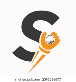 Initial Golf Logo On Letter S Concept With Hand And Golf Ball Symbol Vector And Template