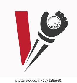 Initial Golf Logo On Letter V Concept With Hand And Golf Ball Symbol Vector And Template