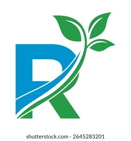 Initial Green Leaf Logo combine with letter R vector template