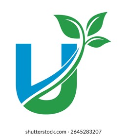 Initial Green Leaf Logo combine with letter U vector template