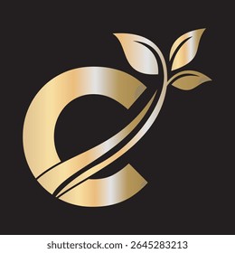 Initial Green Leaf Logo combine with letter C vector template