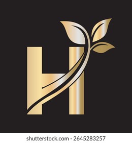 Initial Green Leaf Logo combine with letter H vector template
