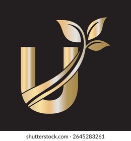 Initial Green Leaf Logo combine with letter U vector template