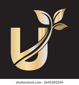 Initial Green Leaf Logo combine with letter U vector template