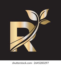 Initial Green Leaf Logo combine with letter R vector template