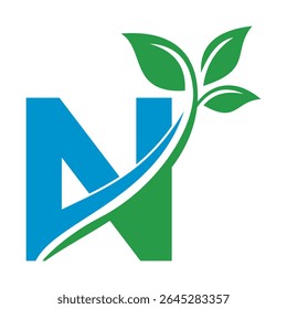 O logotipo inicial da folha verde combina com o modelo de vetor da letra N