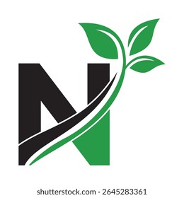 Initial Green Leaf Logo combine with letter N vector template