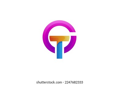 Initial GT lettering, curve round logo, G and T monogram logo template, gradient of colorful glossy colors on white background