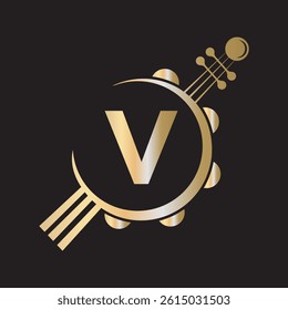 Initial Guitar Logo combine with letter V vector template