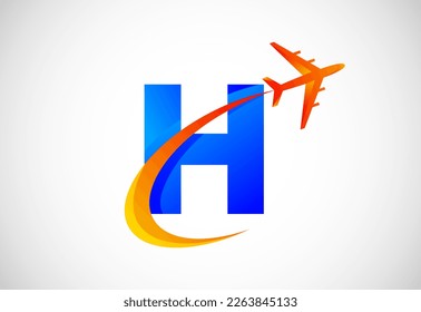 Initial H alphabet with a swoosh and airplane logo design. Suitable for travel companies or business