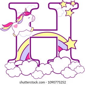 anfänglich h mit niedlichem Einhorn und Regenbogen. kann für Babygeburtshinweise, Kindergartendekoration, Partythema oder Geburtstagseinladungen verwendet werden. Design für Baby und Kinder