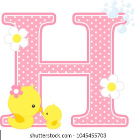 initial h with flowers and cute rubber duck isolated on white. can be used for baby girl birth announcements, nursery decoration, party theme or birthday invitation. Design for baby girl