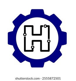 Initial H Gear mechanic technology vector logo template. Letter H modern logo clip art suitable for mechanic bussiness. black blue gear symbol