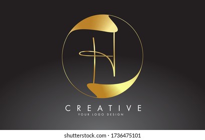 Initial H handwritten letter logo with golden elegant design and golden wave circle. Shiny metal creative vector illustration with letter H.