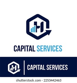 Initial H Letter with Bar Chart and Up Growing Arrow for Finance, Capital Business Services Logo Idea Template