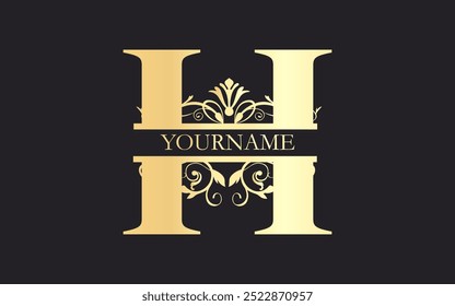 Initial H letter  floral Split Letter Monogram,luxury Wedding invitation Monogram Design,gold color on black background