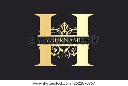 Initial H letter  floral Split Letter Monogram,luxury Wedding invitation Monogram Design,gold color on black background