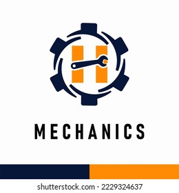 Initial H Letter with Gear and Wrench symbol for mechanic automotive repair business service logo template