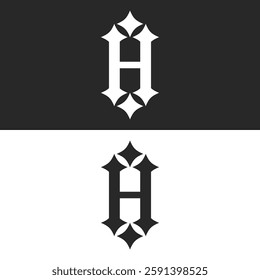 Initial H letter gothic monogram logo set with sharp edges, bold serif font black and white typography element for identity design.