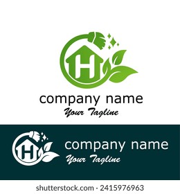 Carta inicial H con hojas y escoba para mantenimiento en casa, cuidado en el hogar o servicio de limpieza idea moderna de logotipo