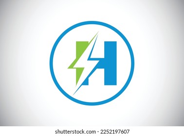 Diseño inicial del logotipo de la letra H con perno de brillo. Vector de la letra del tornillo eléctrico 