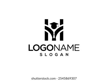 Initial H Letter Logo Design mit Graduation Cap für Akademie, Bildung, Studium und andere.