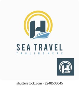 Ursprünglicher H-Brief mit Schiff Marine, Wave und Sun Icon für Reisebüro Business-Logo-Vorlage