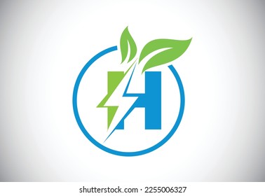 Initial H letter thunderbolt leaf circle or eco energy saver icon. Leaf and thunderbolt icon concept for nature power electric logo 