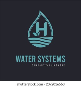 Initial H Letter  With Water Drop And Leaf For Water Drainage, Sanitation, Purified, Repair, Cleanup, Maintenance Water System Service Company Logo Vector Idea