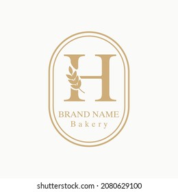 Initial H Letter with Wheat Grain for Bakery, Bread, Cake, Cafe, Pastry, Healthy Food, Cafetarian, Home Industries Business Logo Vector Idea 