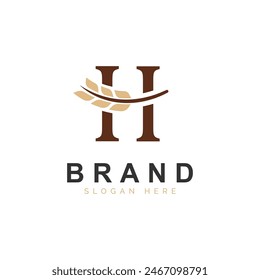 Initial H Letter with Wheat Grain for Bakery, Bread, Logo Design Vector Icon Illustration