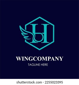Initial H Letter with Wing Bird in Line Art Style Logo Idea Template