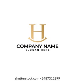 The initial H lettermark in gold gradient and the smile underneath the letter H signify happy in modern elegant luxury and minimalist style