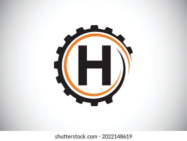 Alfabeto monograma H inicial en una espiral de engranajes. Diseño del logotipo del ingeniero de engranajes. Logotipo para automoción, mecánica, tecnológica, configuración, reparación de negocios e identidad de la empresa
