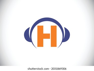 Initiales H-Monogramm-Alphabet mit Kopfhörer. Kopfhörerlogo. Symbol für Musikzeichen. Schriftemblem. Design-Element für Poster, Banner, T-Shirt, Notebook-Cover, Aufkleber, Grußkarte, Tasche, Badge.