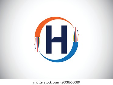 Alfabeto monograma H inicial con cable eléctrico, cable de fibra óptica. emblema de letra. Diseño de logotipo vectorial moderno para etiquetas tecnológicas, negocios eléctricos e identidad de la empresa