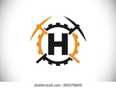 Initial H monogram letter alphabet with pickaxe and gear sign. Mining logo design concept. Modern vector logo for mining business and company identity.
