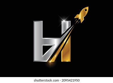 Initial H monogram letter alphabet with a Rocket logo design. Rocket icon. Font emblem.