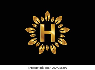 Alfabeto monograma H inicial con correa de hoja. Hoja dorada, concepto de diseño de logo floral. Diseño de logotipo vectorial moderno para empresas e identidad de la empresa.