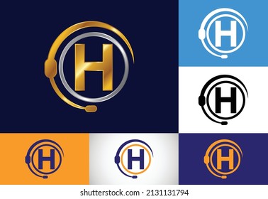 Initial H monogram letter alphabet and support service with headphones. Headphone logo. Hotline customer advice, call center help