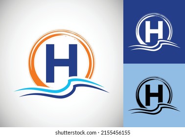 Initial H monogram letter with water ocean waves and the sun. Beach logo design concept