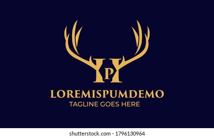 initial H and P latter with Head vector logo design wild animal with horns quality stylish luxury, modern and minimalist illustrations in line art style of a graphic sign  Linear, Horns, elk, antler