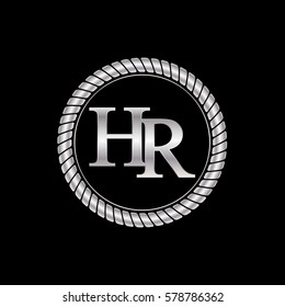 initial h and r logo silver metallic with metal circle rope frame border decorative