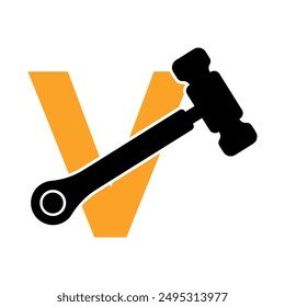 Initial hammer Logo combine with letter V vector template