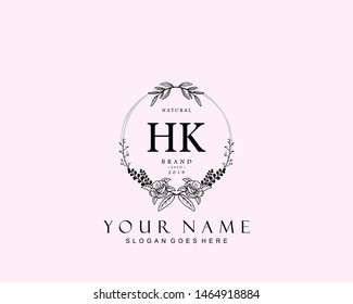 Initial HK beauty monogram and elegant logo design, handwriting logo of initial signature, wedding, fashion, floral and botanical with creative template.