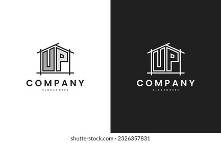 Initial UP home logo with creative house element in line art style vector design template